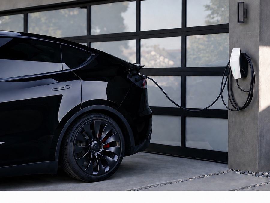 A black electric car charging beside a home garage door