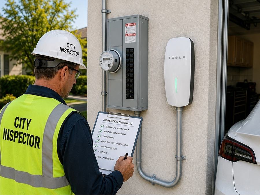 A city inspector checking a completed EV charger installation