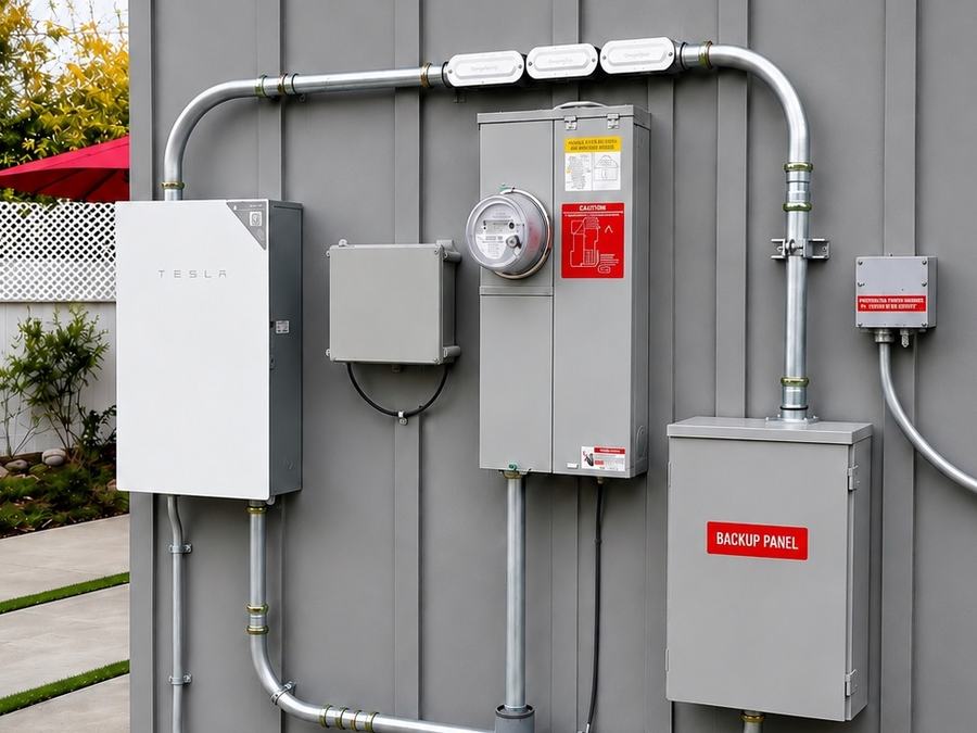 A home battery and backup panel installed alongside the electrical service