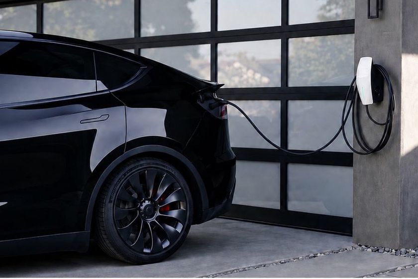 A Level 2 charger installed beside a home garage door