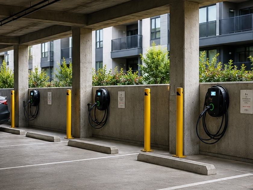 A row of chargers serving multiple stalls in a covered car park