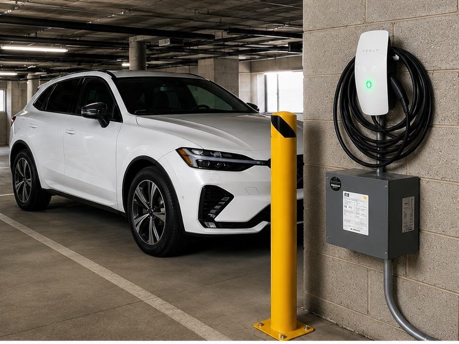A white SUV charging in a parking structure beside a load-management enclosure