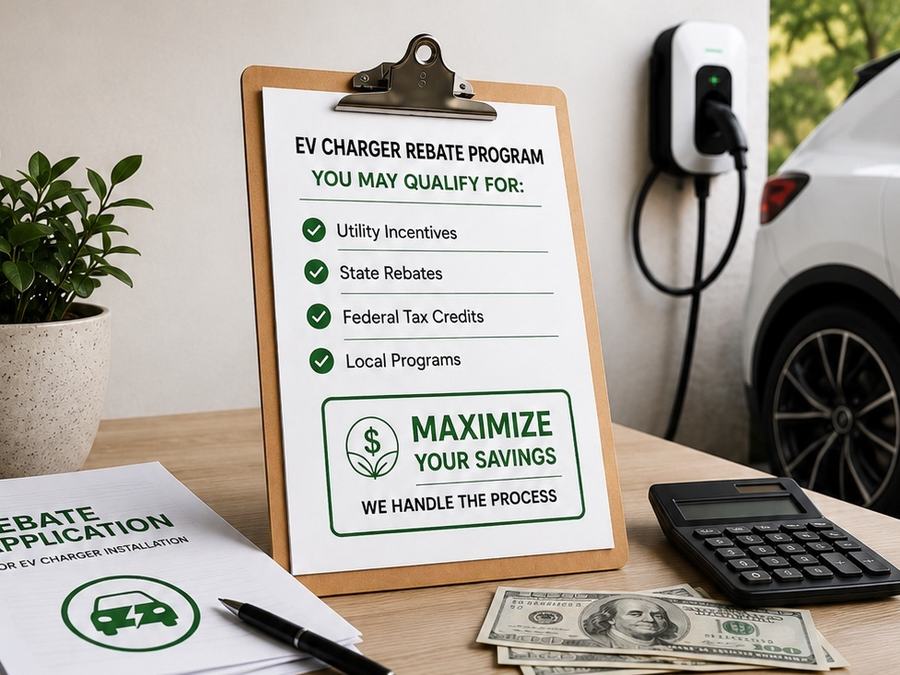 An EV charger rebate program checklist on a desk