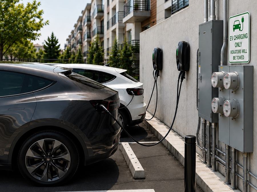 Cars charging in the shared parking of an apartment building