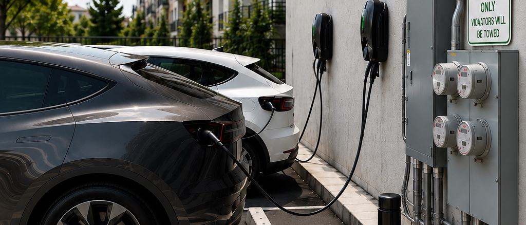 Electric vehicles charging at a modern apartment building