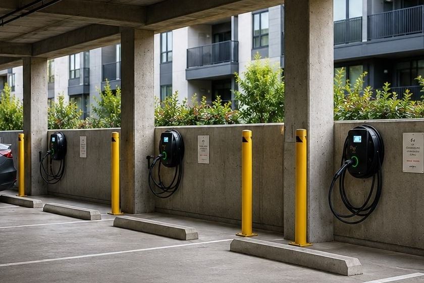 Several EV chargers sharing a single supply in a parking structure