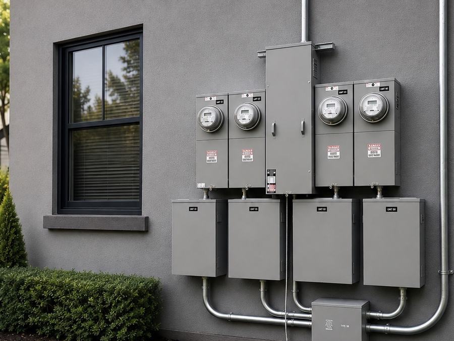 Upgraded electrical meters and subpanels on the exterior of a house